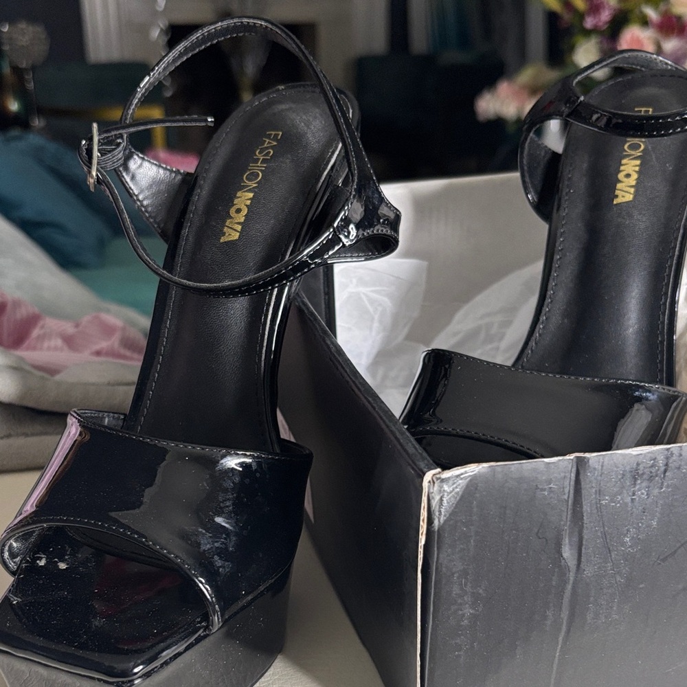 Fashion Nova Black Patent Platform Heels with Ankle Strap